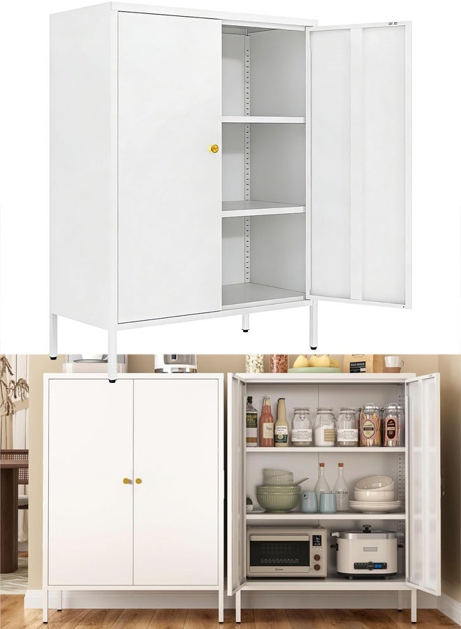 تابيت خزانة بوفيه معدنية، خزانة تخزين مطبخ بأرفف، خزانة ركن قهوة، خزانة جانبية للبوفيه، رف جانبي لتخزين فرن الميكروويف لغرفة المعيشة والمطبخ (أبيض) - Image 1